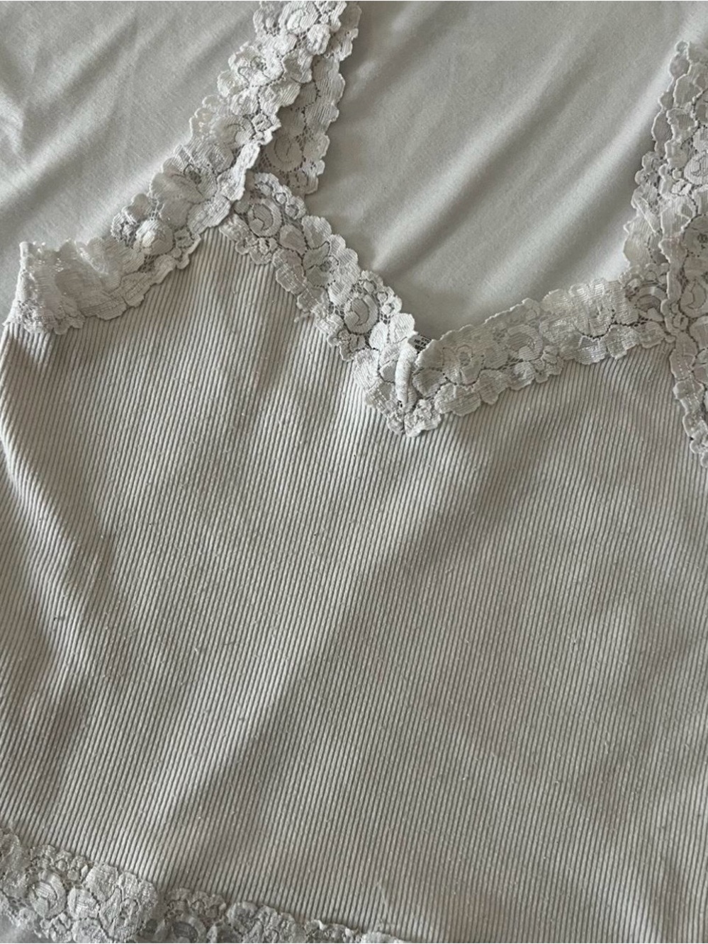bebe Cream Ribbed Lace-Trim Crop Cami
